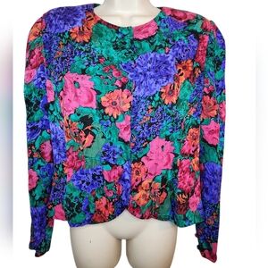 Vintage Adrianna Papell Silk Floral Blouse | 100% Silk | Size 12 | Bold 90s